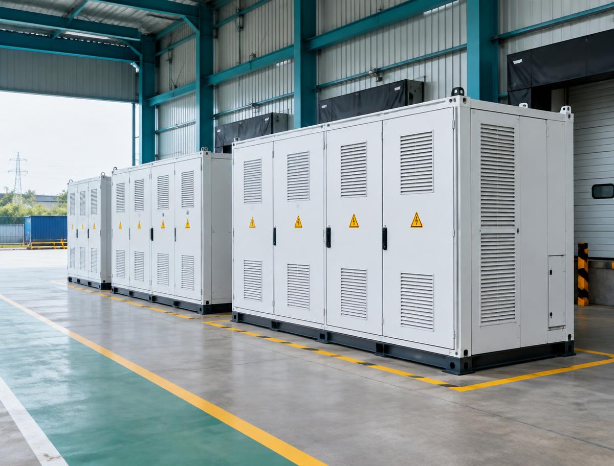 Battery energy storage cabinets at an industrial dispatch area